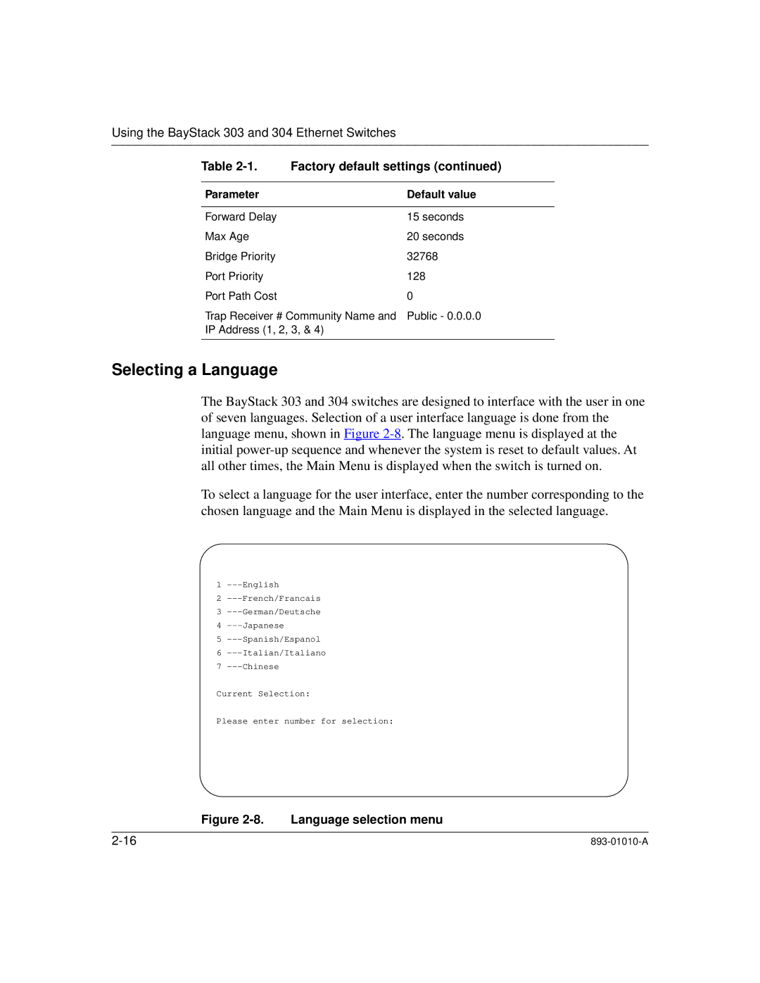 Bay Technical Associates 304, 303 manual Selecting a Language, Language selection menu 