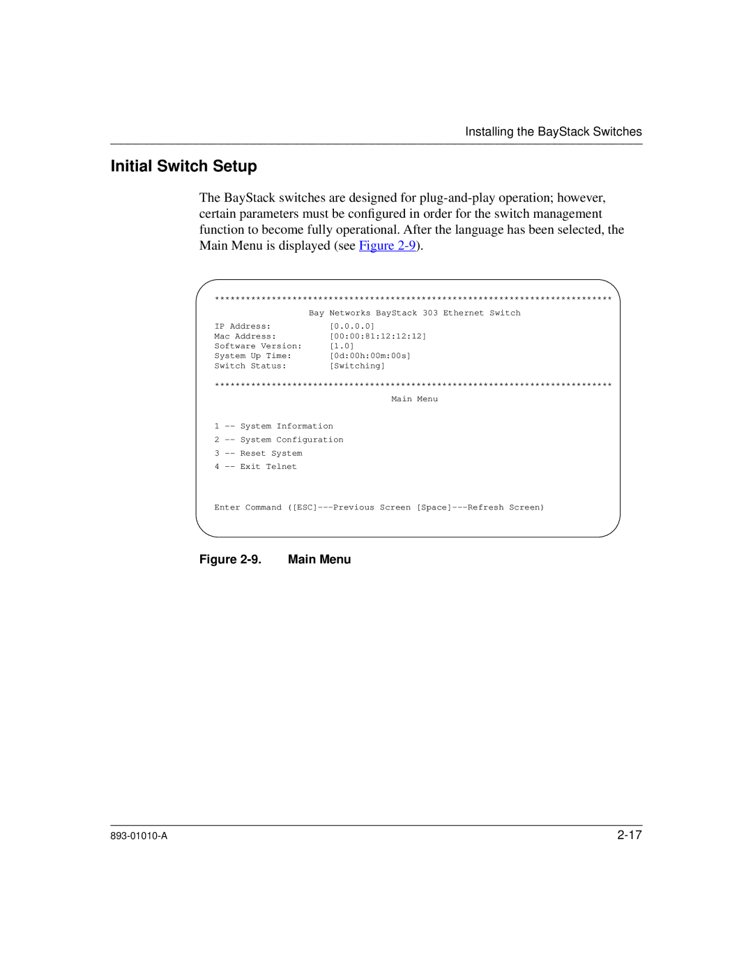 Bay Technical Associates 303, 304 manual Initial Switch Setup, Main Menu 