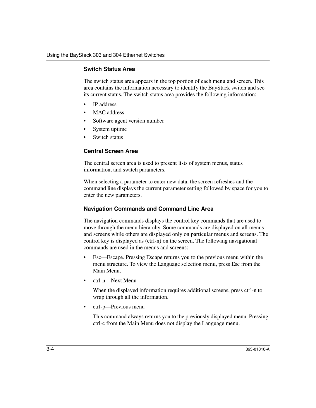 Bay Technical Associates 304, 303 manual Switch Status Area, Central Screen Area, Navigation Commands and Command Line Area 