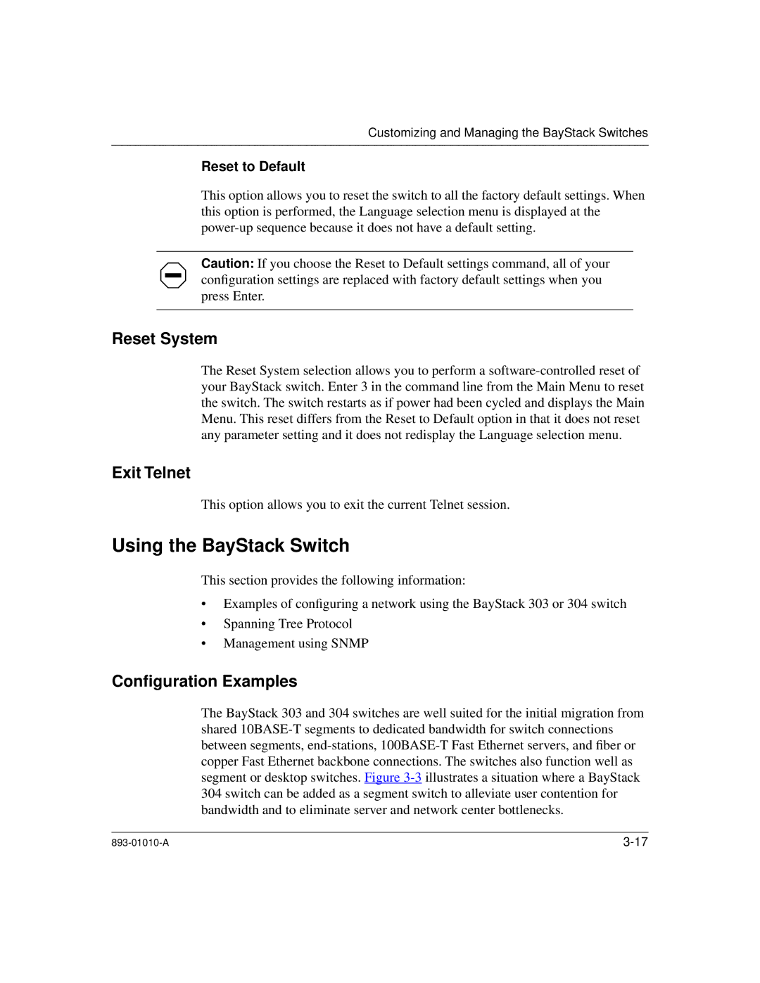 Bay Technical Associates 303 Using the BayStack Switch, Reset System, Exit Telnet, Conﬁguration Examples, Reset to Default 