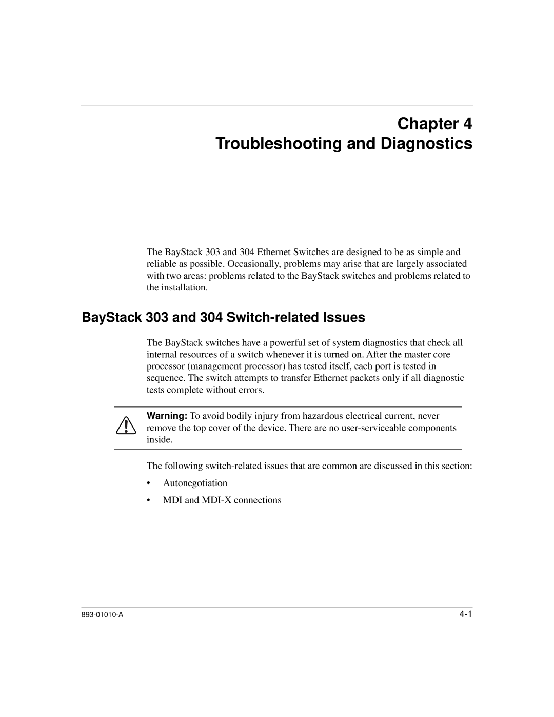 Bay Technical Associates manual Chapter Troubleshooting and Diagnostics, BayStack 303 and 304 Switch-related Issues 