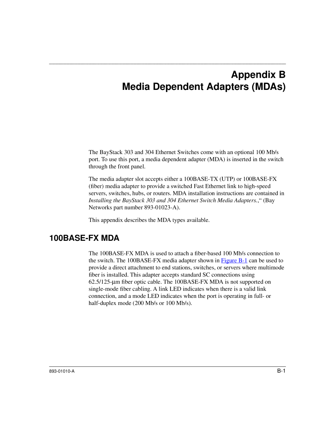 Bay Technical Associates 303, 304 manual Appendix B Media Dependent Adapters MDAs 