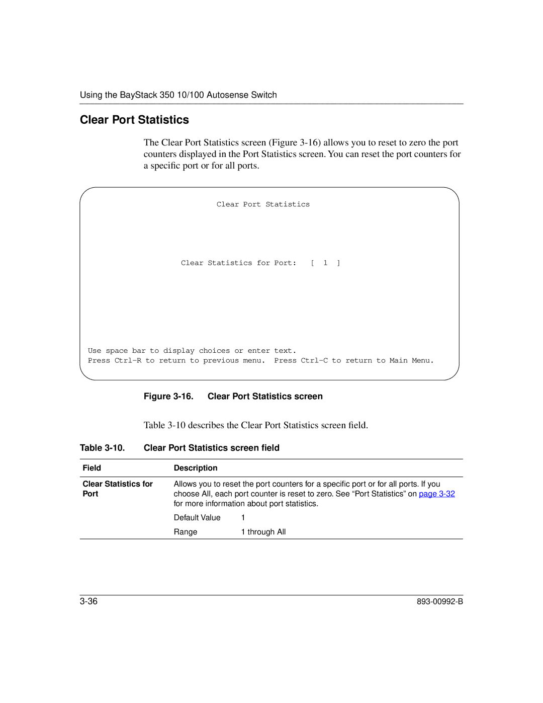 Bay Technical Associates 350 manual describes the Clear Port Statistics screen ﬁeld, FieldDescription 