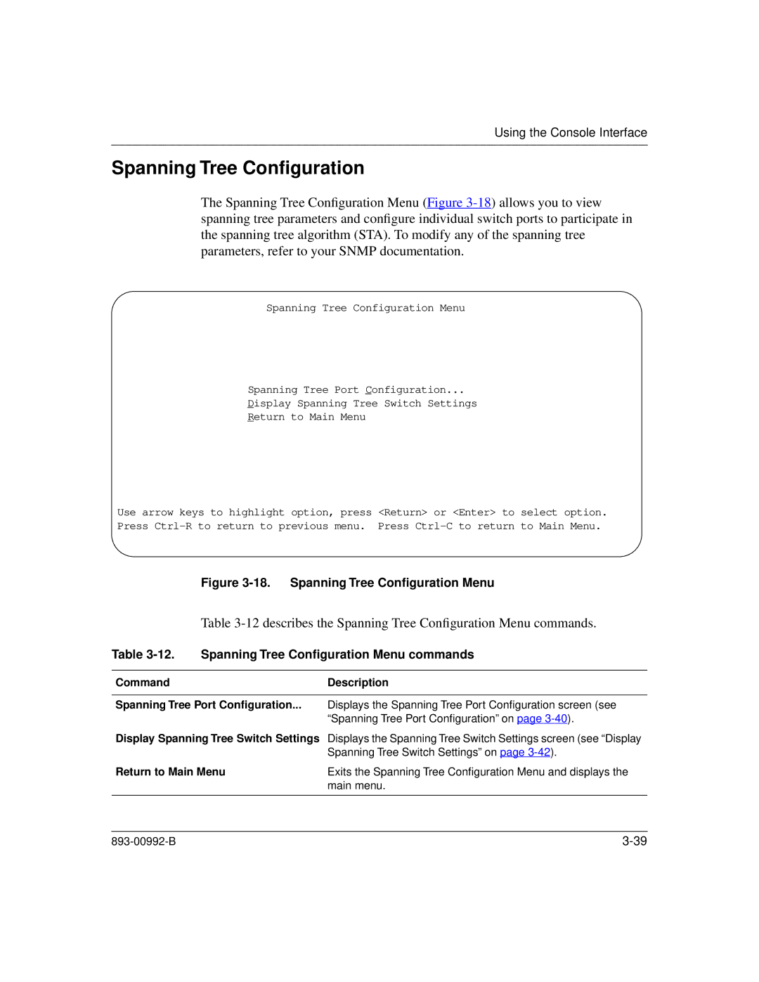 Bay Technical Associates 350 manual describes the Spanning Tree Conﬁguration Menu commands, Command Description 