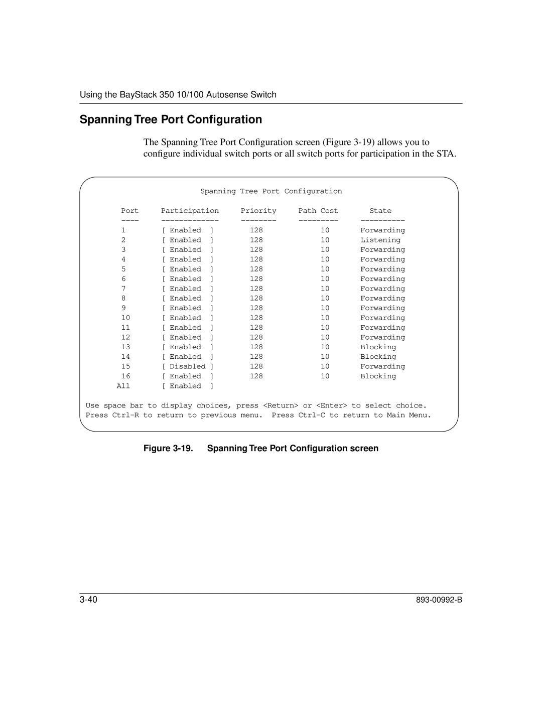 Bay Technical Associates 350 manual Spanning Tree Port Conﬁguration screen 