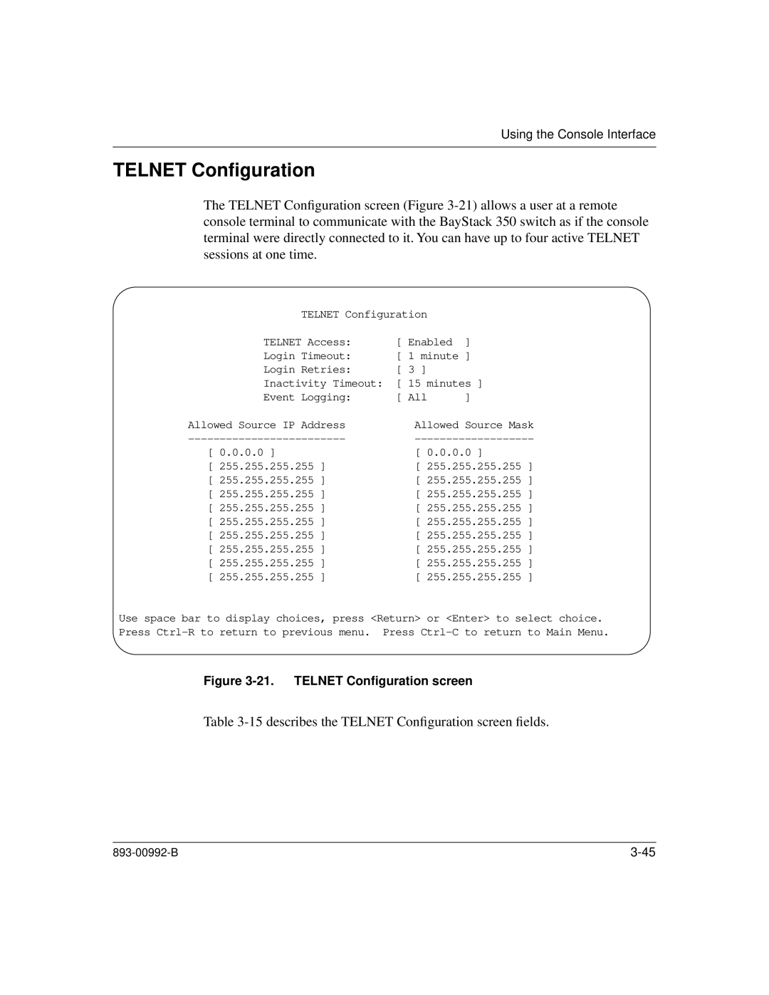 Bay Technical Associates 350 manual describes the Telnet Conﬁguration screen ﬁelds 