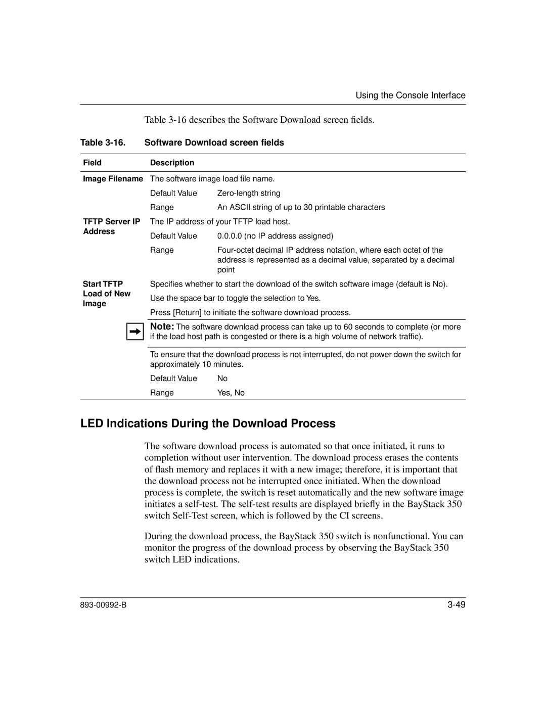 Bay Technical Associates 350 LED Indications During the Download Process, describes the Software Download screen ﬁelds 