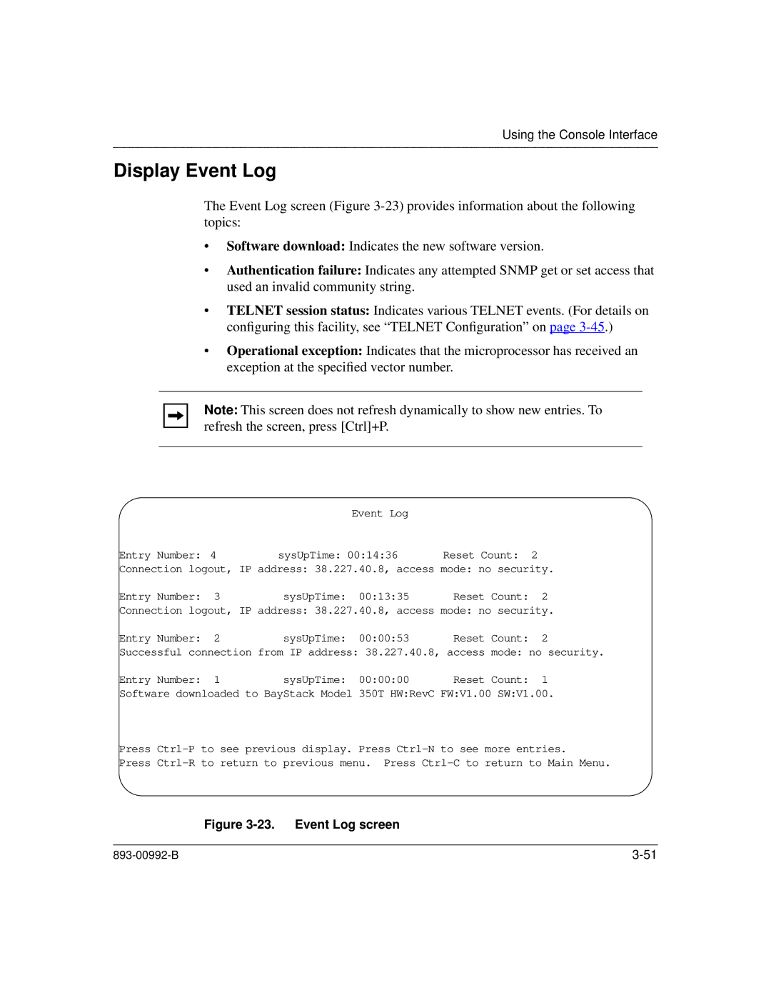 Bay Technical Associates 350 manual Display Event Log, Event Log screen 