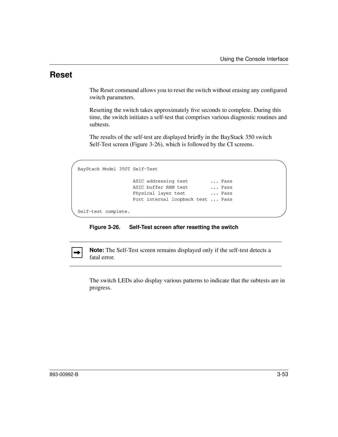 Bay Technical Associates 350 manual Reset, Self-Test screen after resetting the switch 