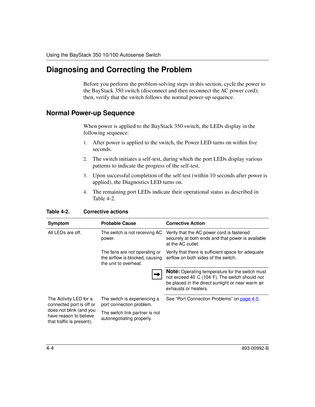 Bay Technical Associates 350 manual Diagnosing and Correcting the Problem, Normal Power-up Sequence, Corrective actions 