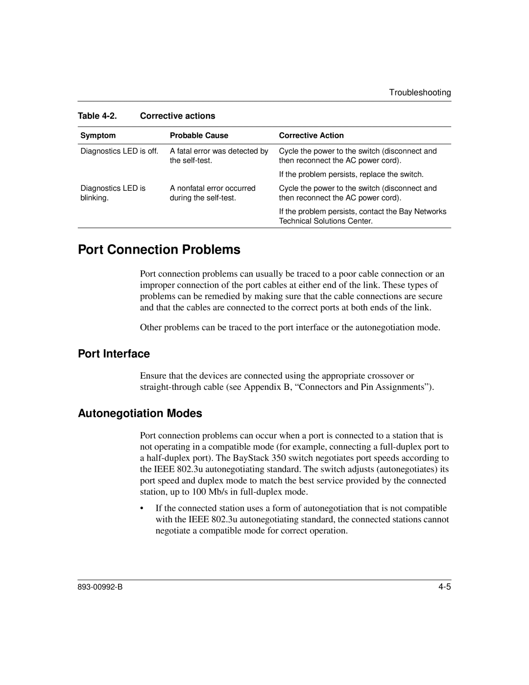 Bay Technical Associates 350 manual Port Connection Problems, Port Interface, Autonegotiation Modes 