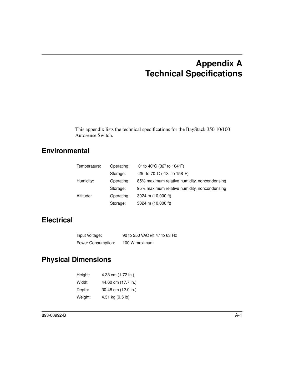 Bay Technical Associates 350 manual Appendix a Technical Speciﬁcations, Environmental, Electrical, Physical Dimensions 