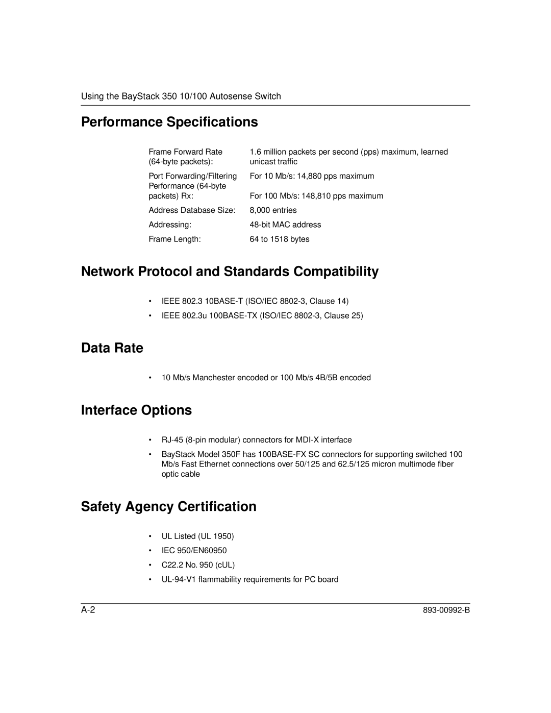 Bay Technical Associates 350 manual Performance Speciﬁcations, Network Protocol and Standards Compatibility, Data Rate 