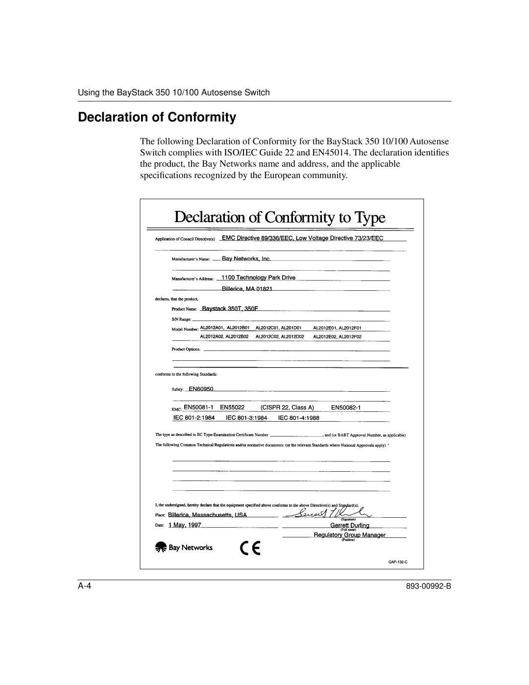 Bay Technical Associates 350 manual Declaration of Conformity 