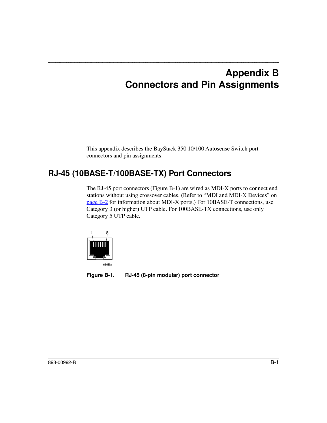 Bay Technical Associates 350 manual Appendix B Connectors and Pin Assignments, RJ-45 10BASE-T/100BASE-TX Port Connectors 