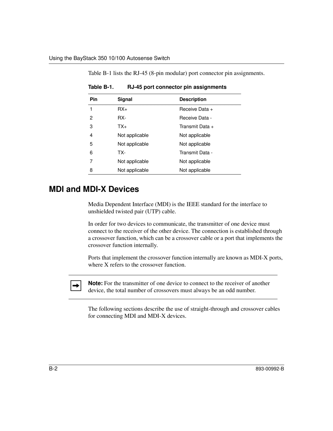 Bay Technical Associates 350 MDI and MDI-X Devices, Table B-1 RJ-45 port connector pin assignments, Pin Signal Description 