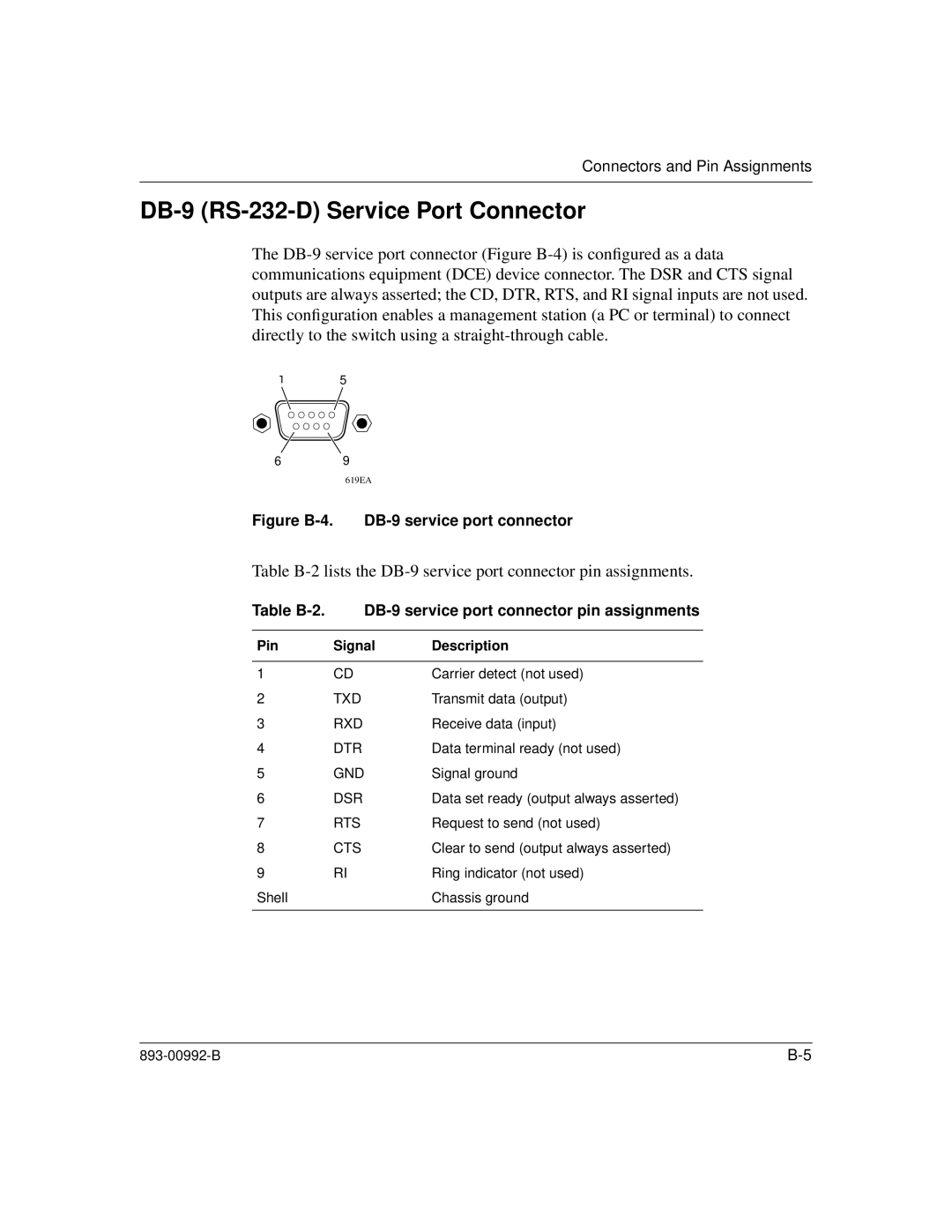 Bay Technical Associates 350 DB-9 RS-232-D Service Port Connector, Table B-2. DB-9 service port connector pin assignments 