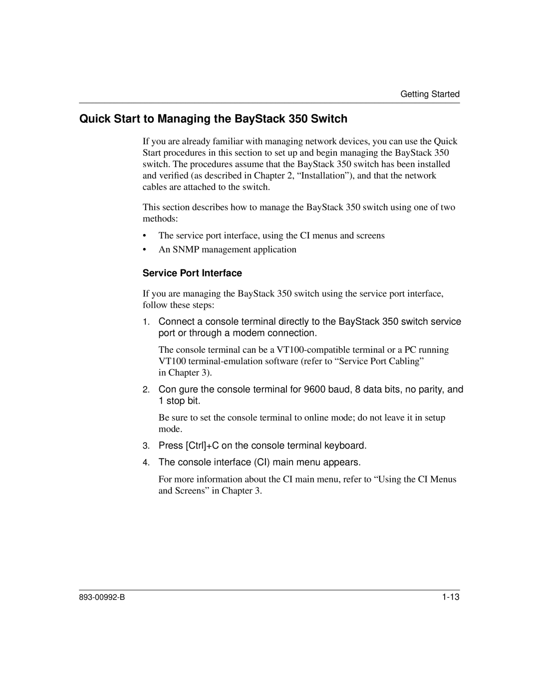 Bay Technical Associates manual Quick Start to Managing the BayStack 350 Switch, Service Port Interface 