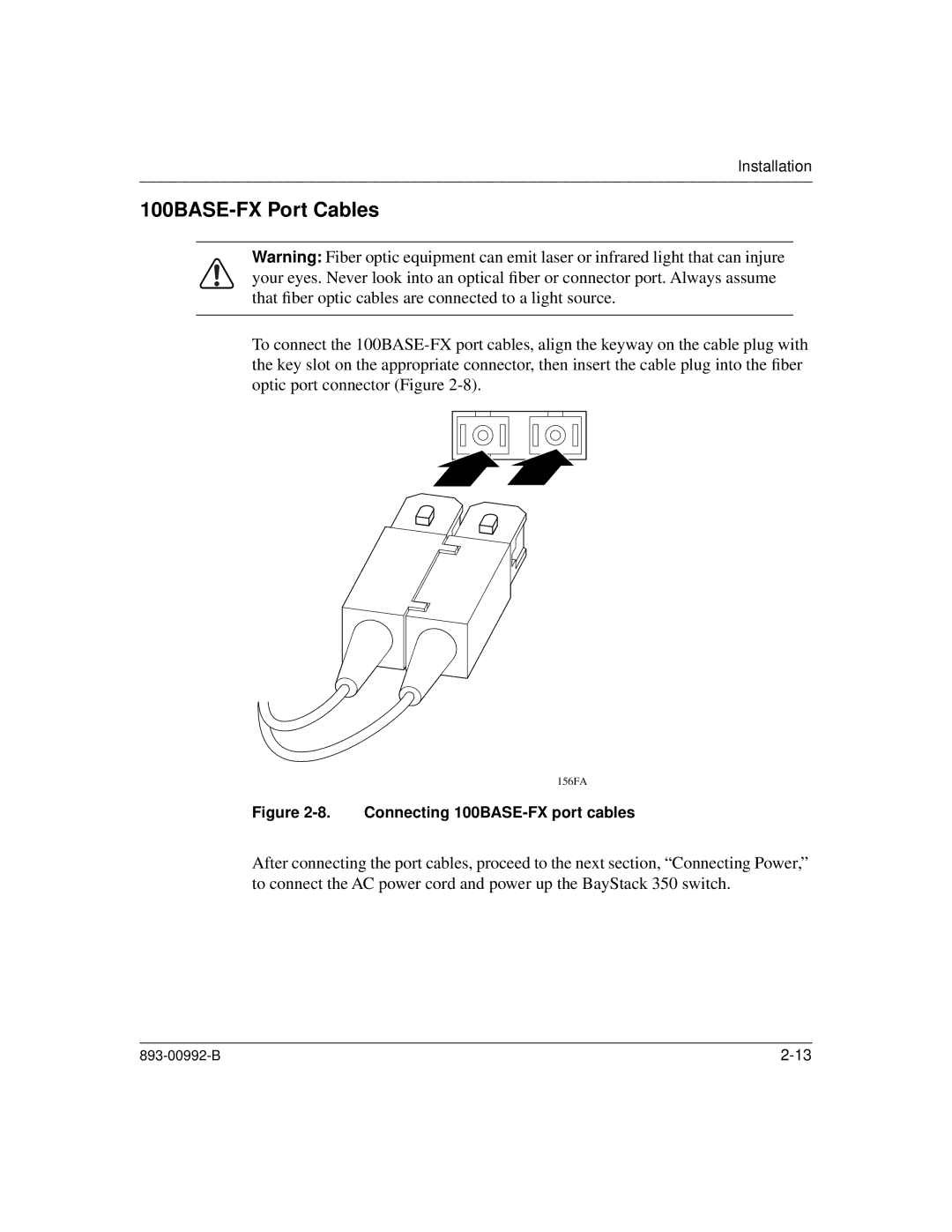 Bay Technical Associates 350 manual 100BASE-FX Port Cables, Connecting 100BASE-FX port cables 