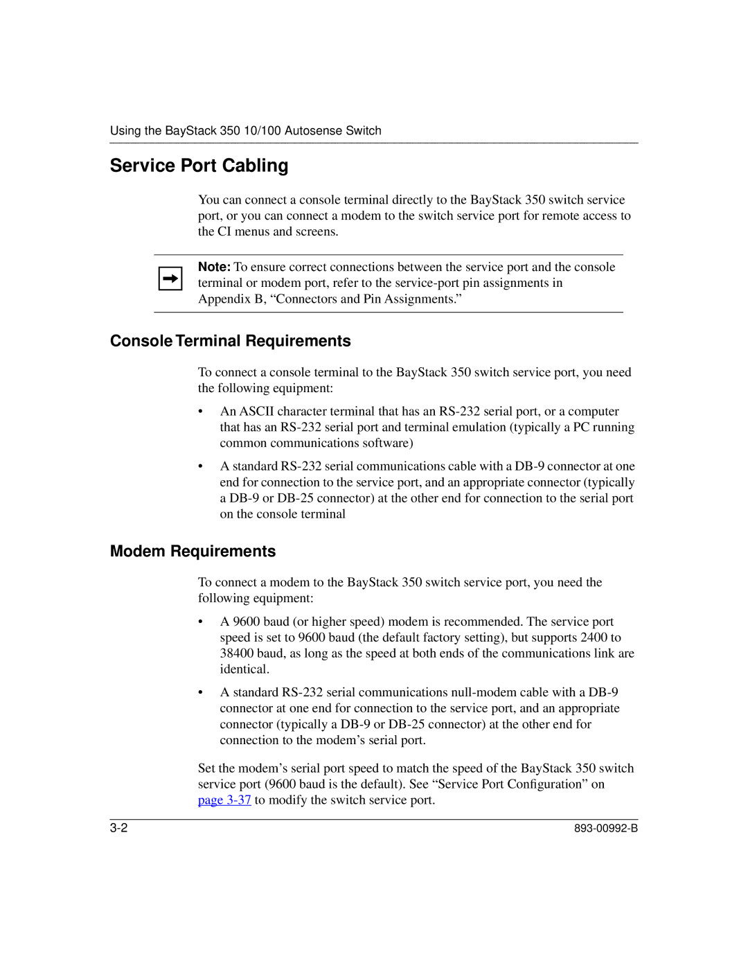 Bay Technical Associates 350 manual Service Port Cabling, Console Terminal Requirements, Modem Requirements 