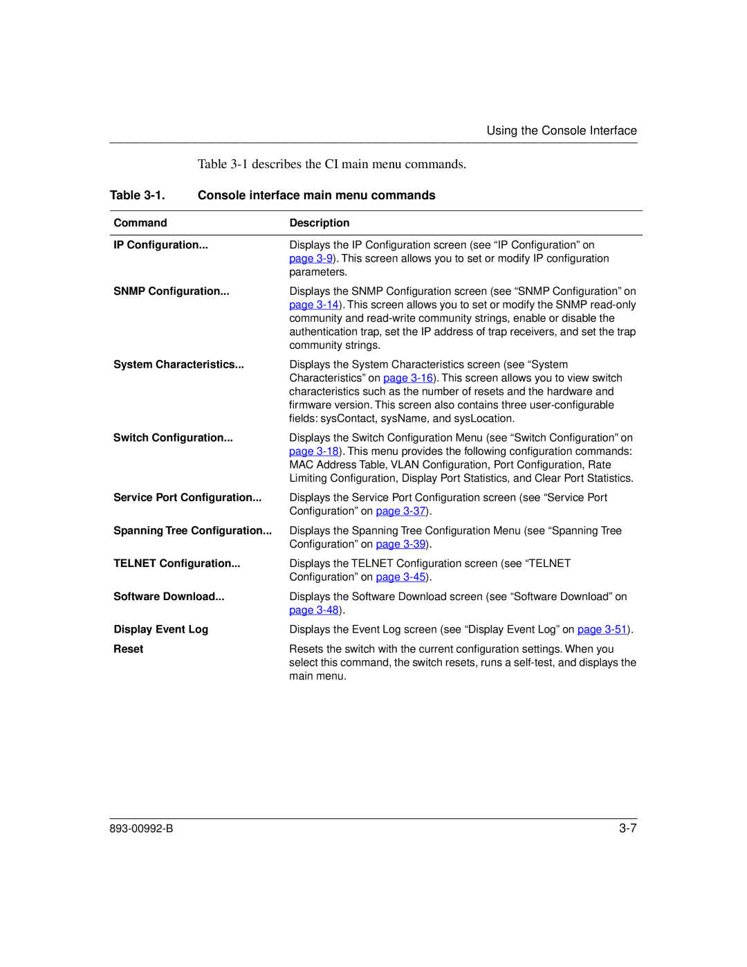 Bay Technical Associates 350 manual Describes the CI main menu commands, Console interface main menu commands 