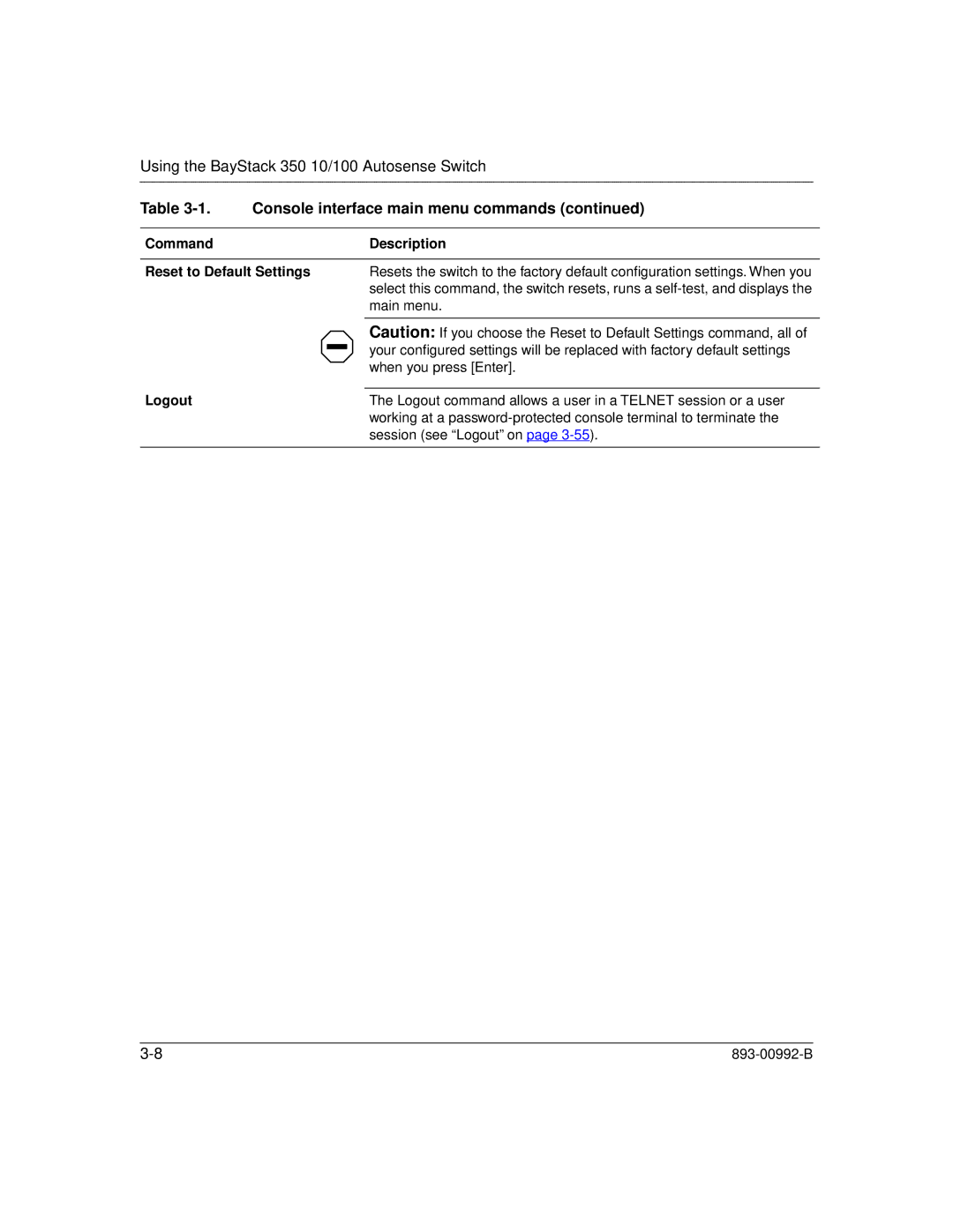 Bay Technical Associates 350 manual Command Description Reset to Default Settings, Logout 