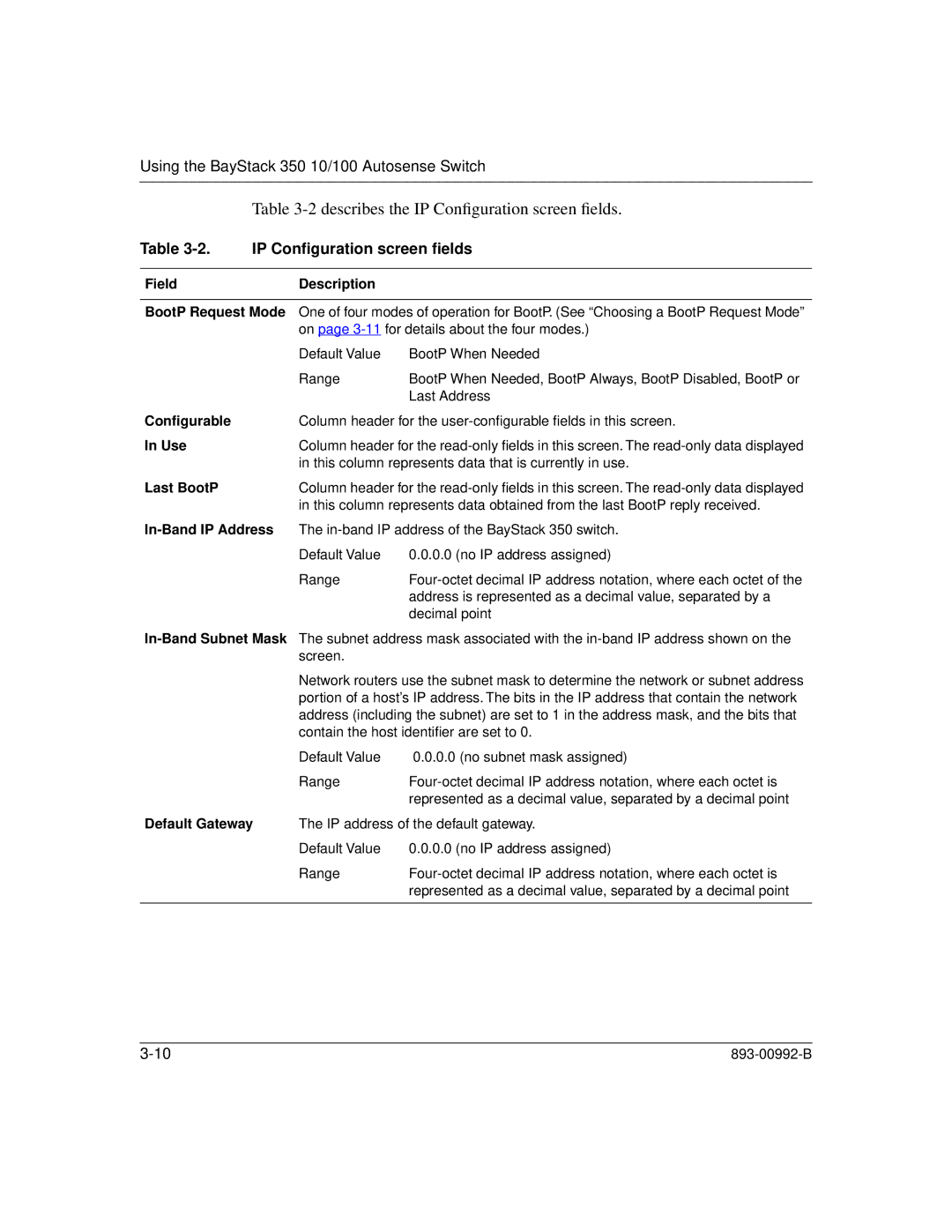 Bay Technical Associates 350 manual Describes the IP Conﬁguration screen ﬁelds 