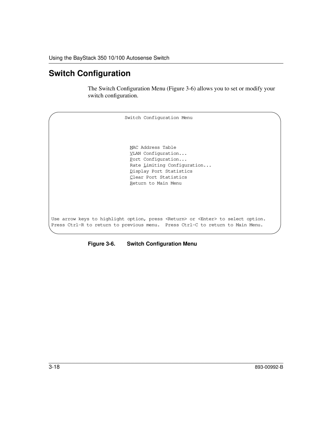 Bay Technical Associates 350 manual Switch Conﬁguration Menu 