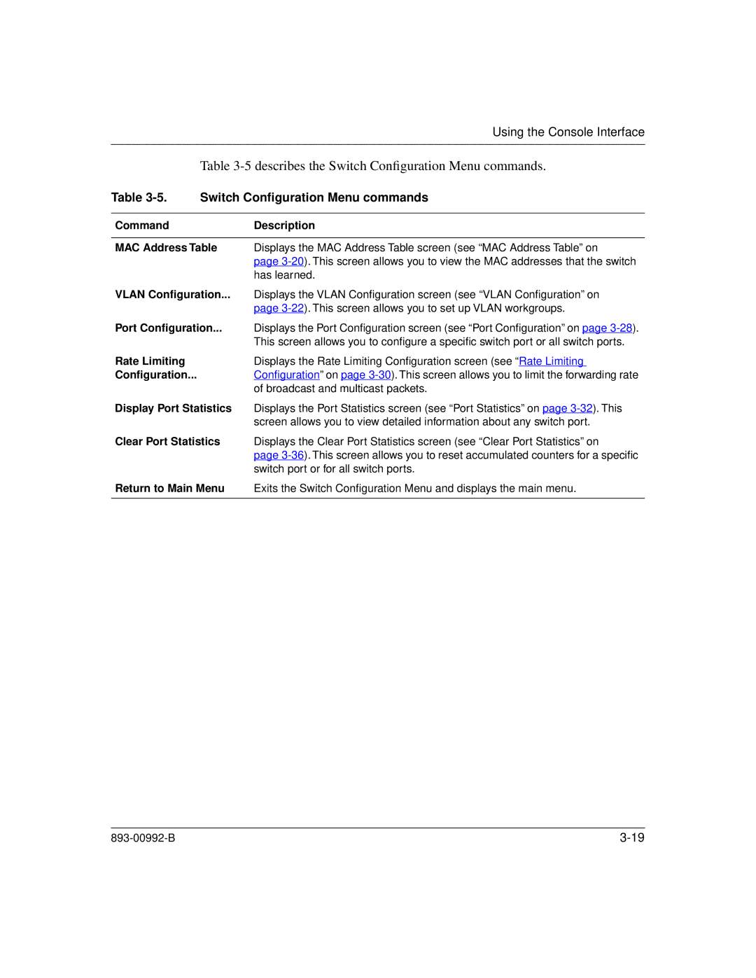 Bay Technical Associates 350 manual Describes the Switch Conﬁguration Menu commands 