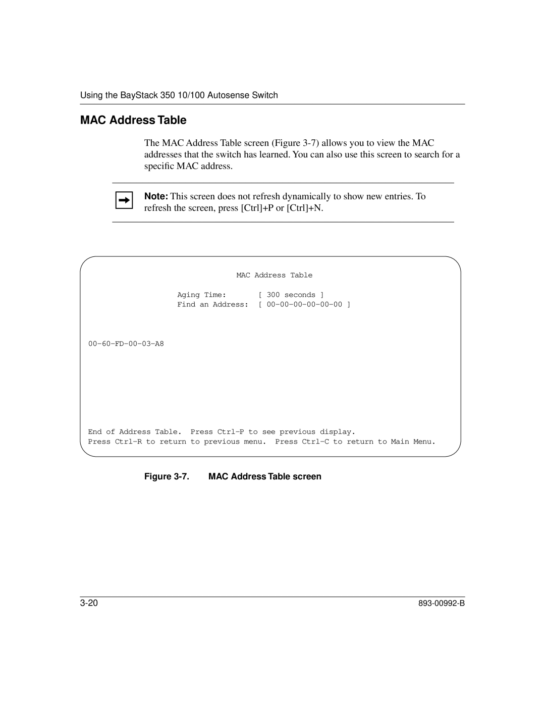 Bay Technical Associates 350 manual MAC Address Table screen 