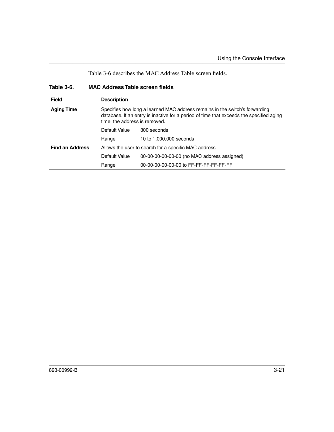 Bay Technical Associates 350 manual Describes the MAC Address Table screen ﬁelds, Field Description Aging Time 