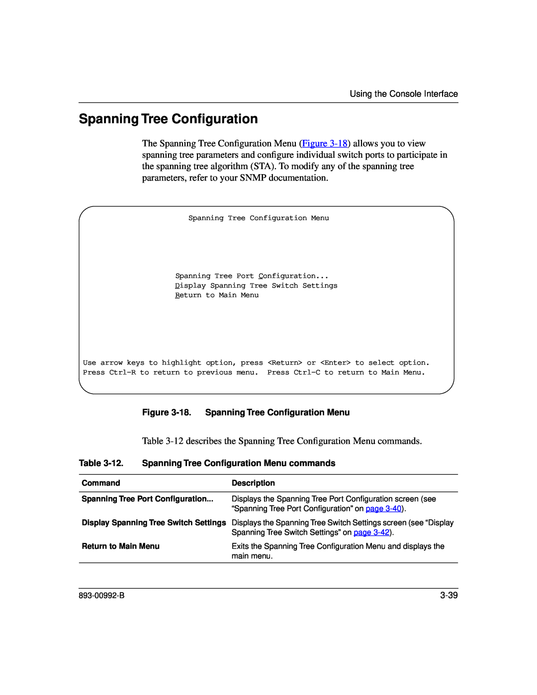 Bay Technical Associates 350 manual Using the Console Interface, 18. Spanning Tree Conﬁguration Menu, 3-39 