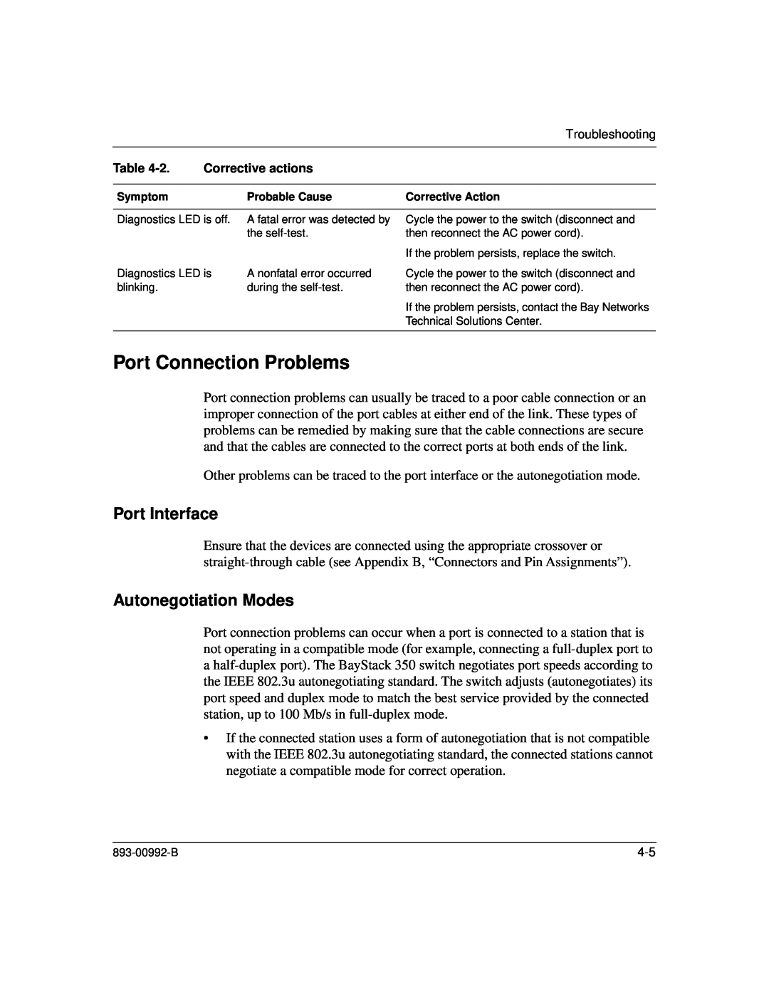 Bay Technical Associates 350 manual Port Connection Problems, Port Interface, Autonegotiation Modes 