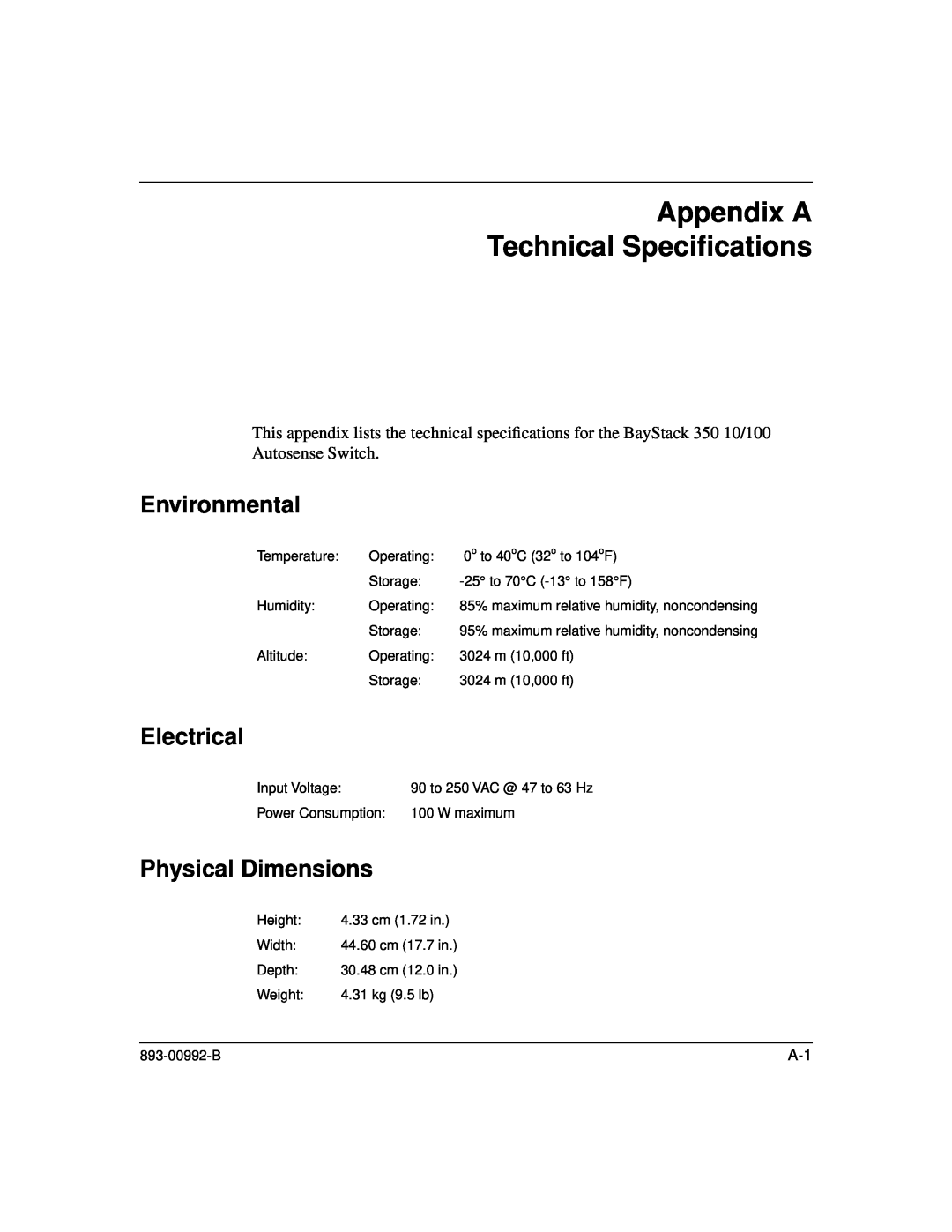 Bay Technical Associates 350 manual Appendix A Technical Speciﬁcations, Environmental, Electrical, Physical Dimensions 