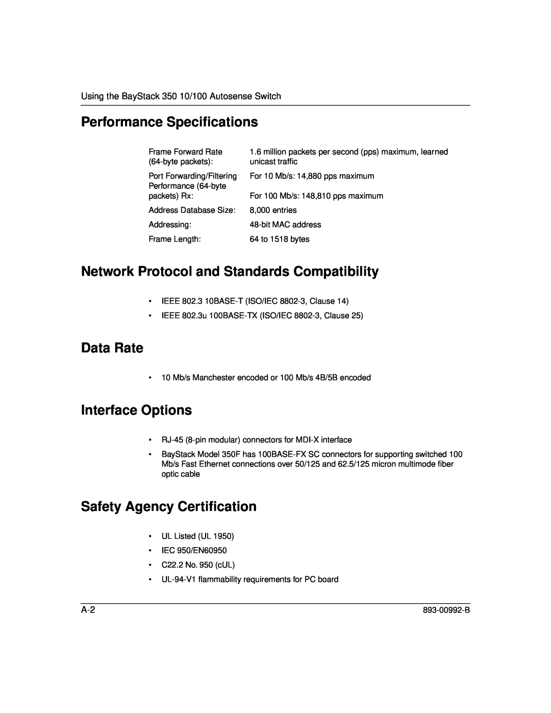 Bay Technical Associates 350 manual Performance Speciﬁcations, Network Protocol and Standards Compatibility, Data Rate 