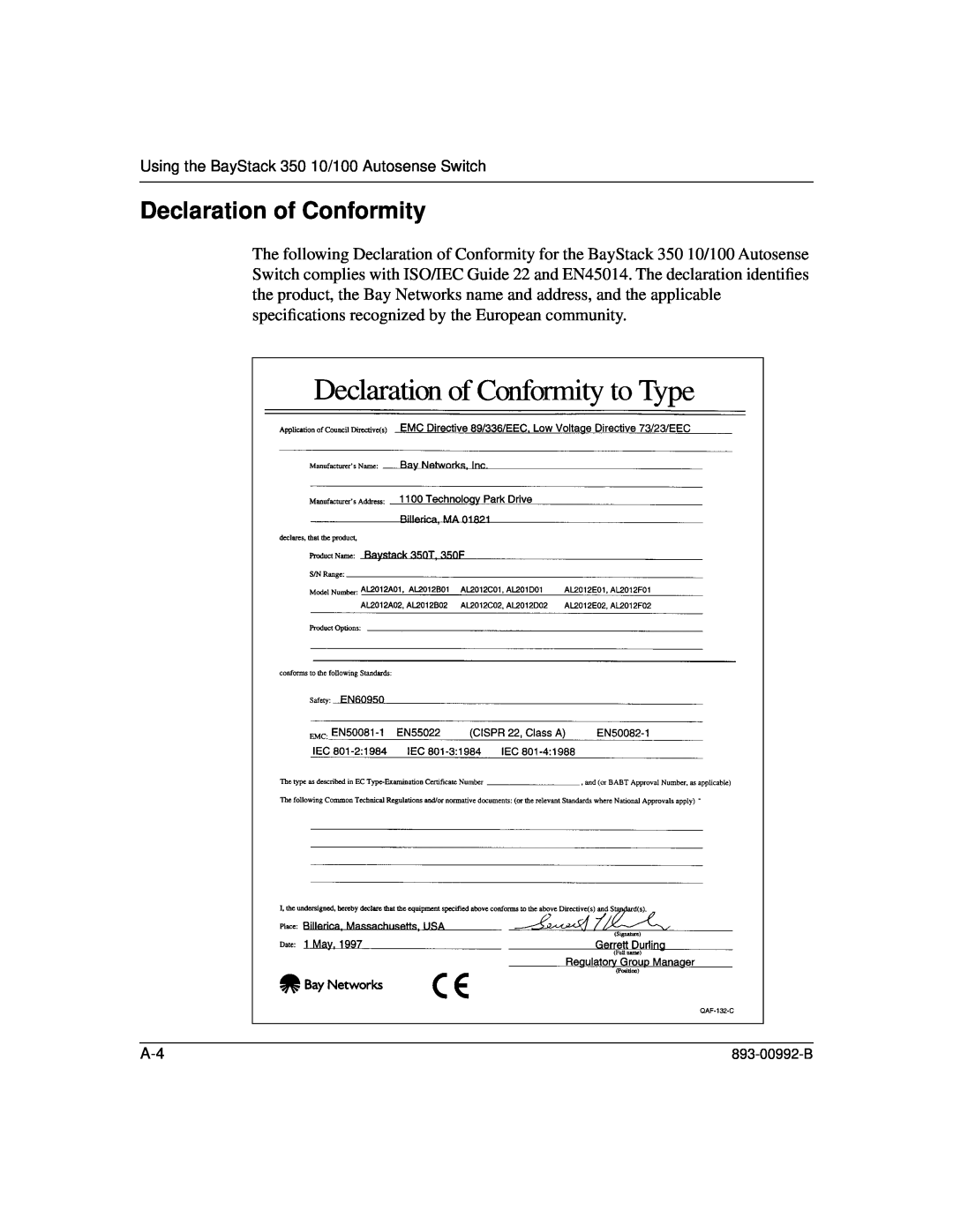Bay Technical Associates manual Declaration of Conformity, Using the BayStack 350 10/100 Autosense Switch 