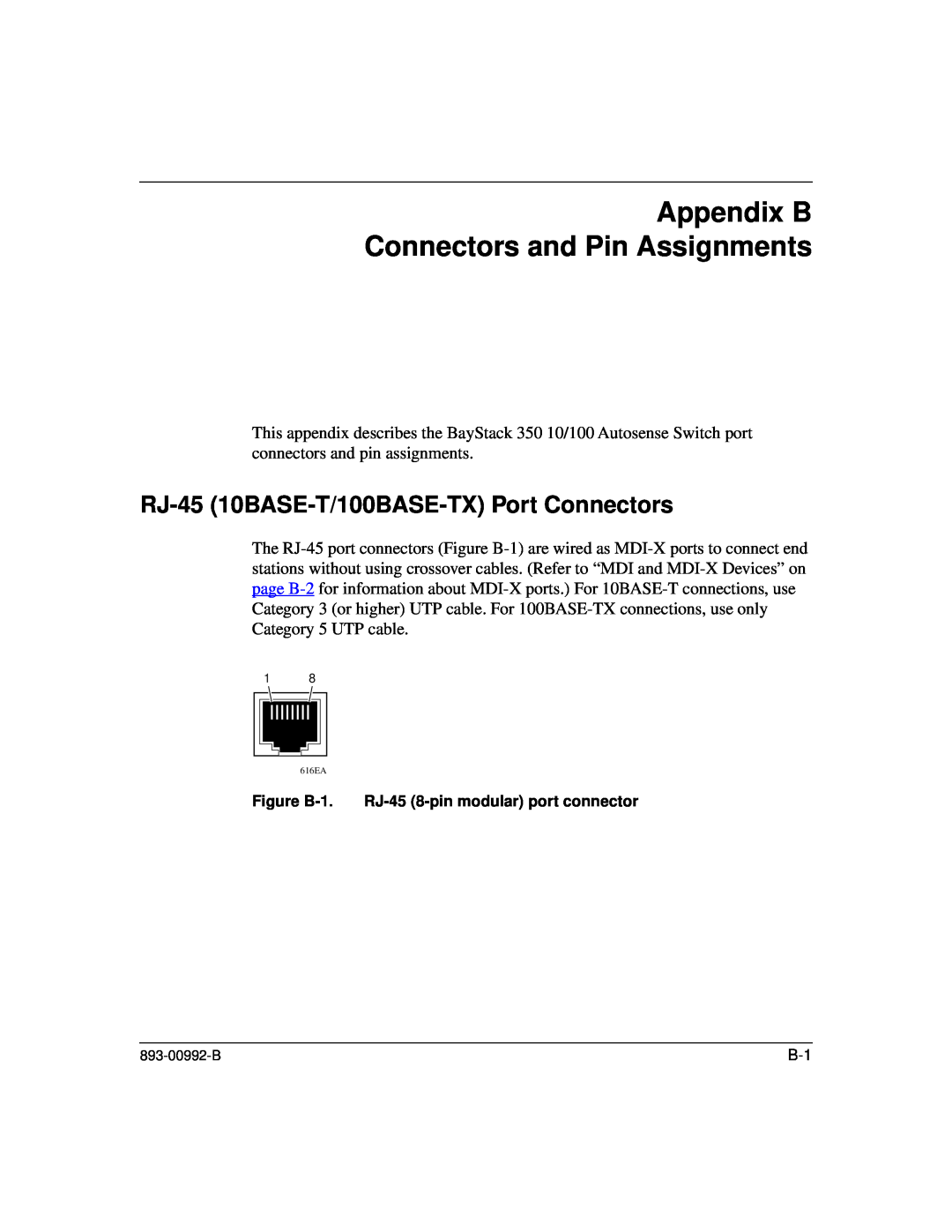 Bay Technical Associates 350 manual Appendix B Connectors and Pin Assignments, RJ-45 10BASE-T/100BASE-TX Port Connectors 