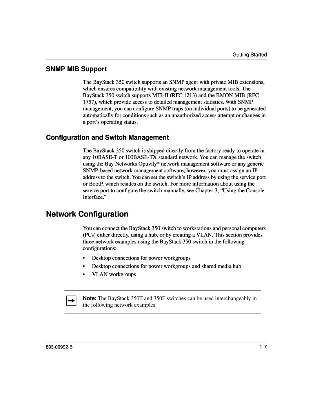 Bay Technical Associates 350 manual Network Conﬁguration, SNMP MIB Support, Conﬁguration and Switch Management 