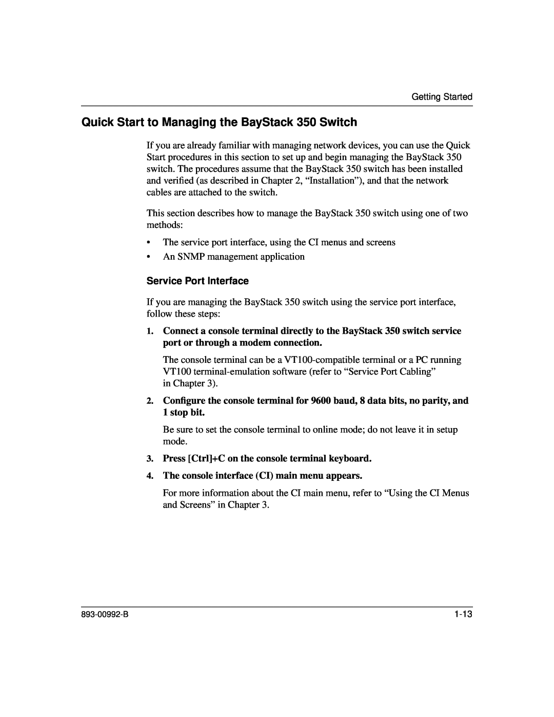 Bay Technical Associates manual Quick Start to Managing the BayStack 350 Switch, Service Port Interface 