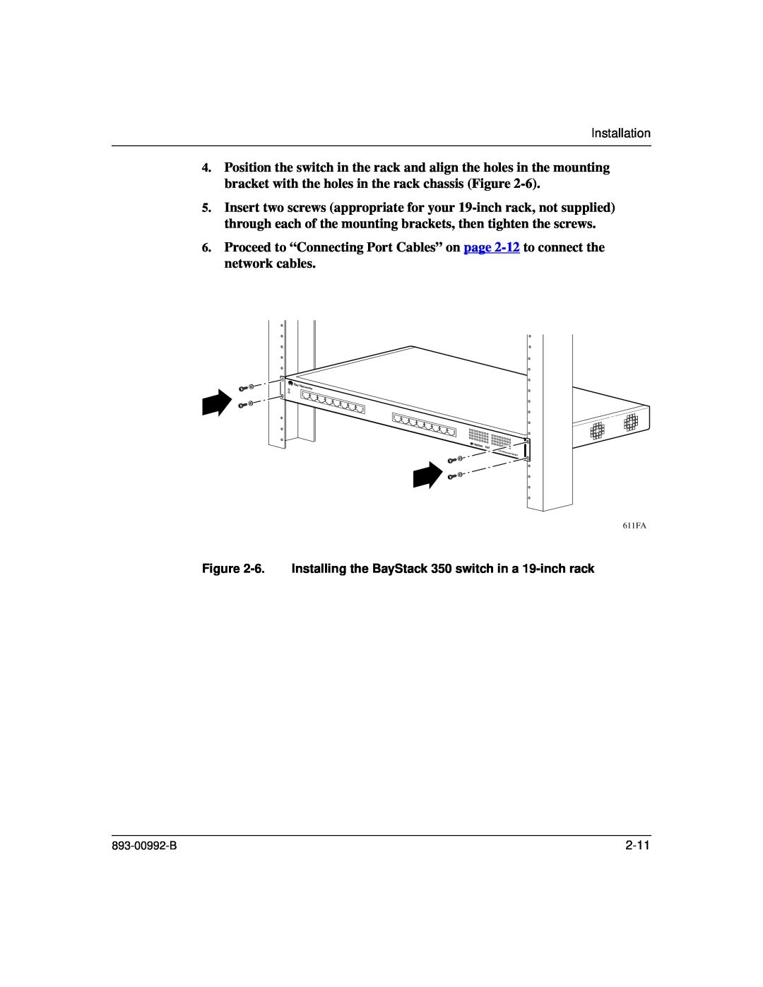 Bay Technical Associates manual 6. Installing the BayStack 350 switch in a 19-inch rack, 611FA 
