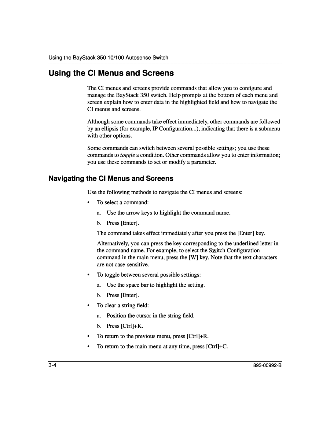 Bay Technical Associates 350 manual Using the CI Menus and Screens, Navigating the CI Menus and Screens 