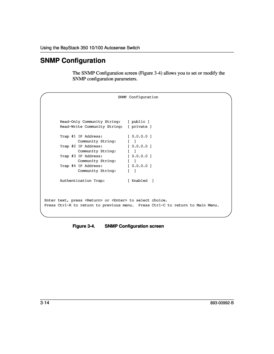 Bay Technical Associates manual Using the BayStack 350 10/100 Autosense Switch, 4. SNMP Conﬁguration screen, 3-14 