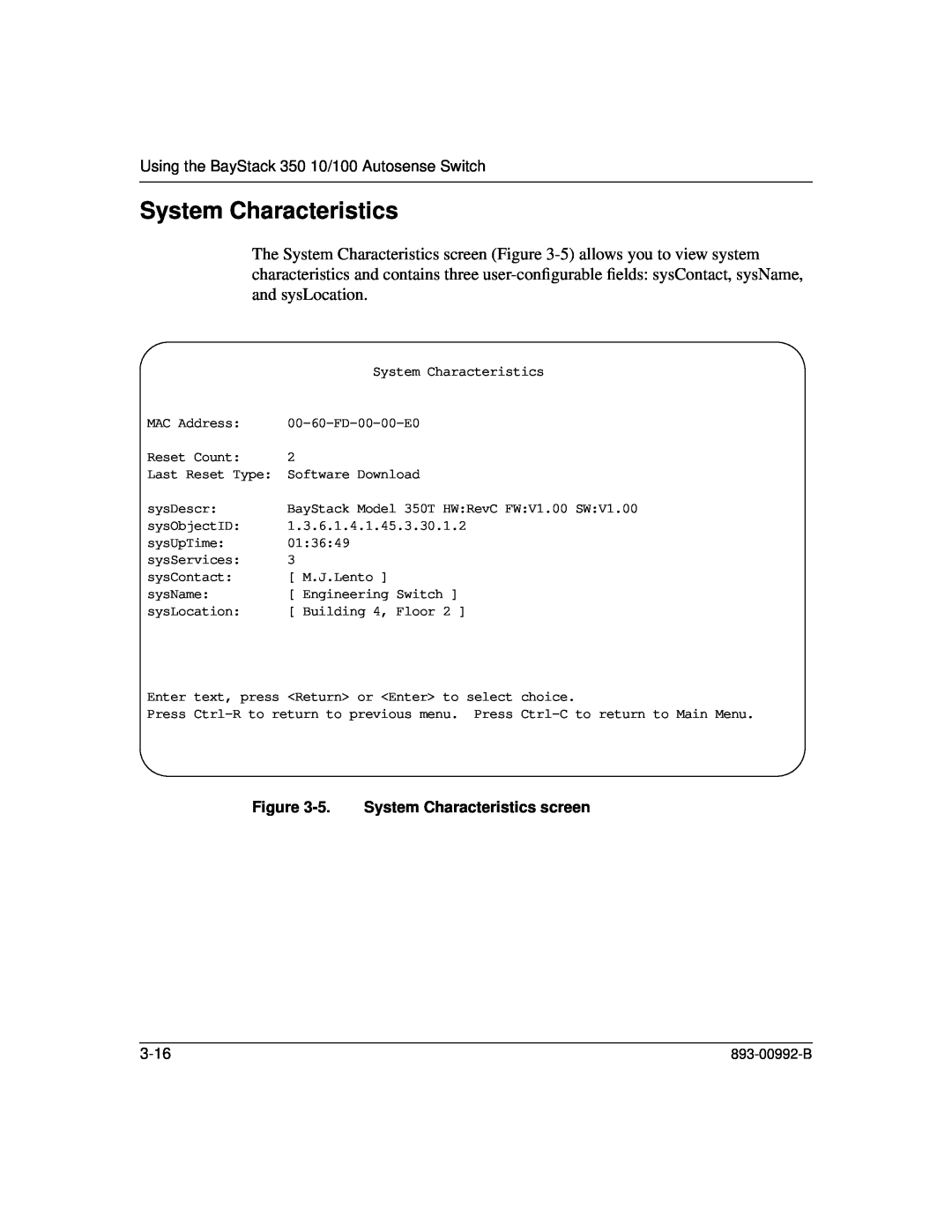 Bay Technical Associates manual System Characteristics, Using the BayStack 350 10/100 Autosense Switch, 3-16 