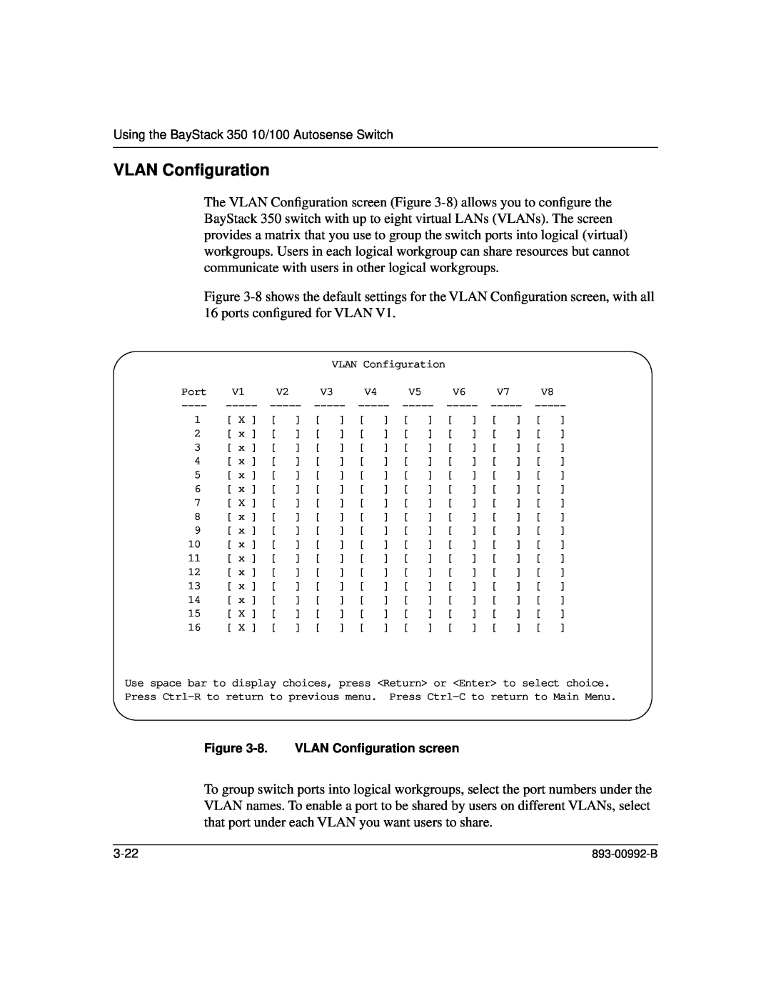 Bay Technical Associates 350 manual 8. VLAN Conﬁguration screen 
