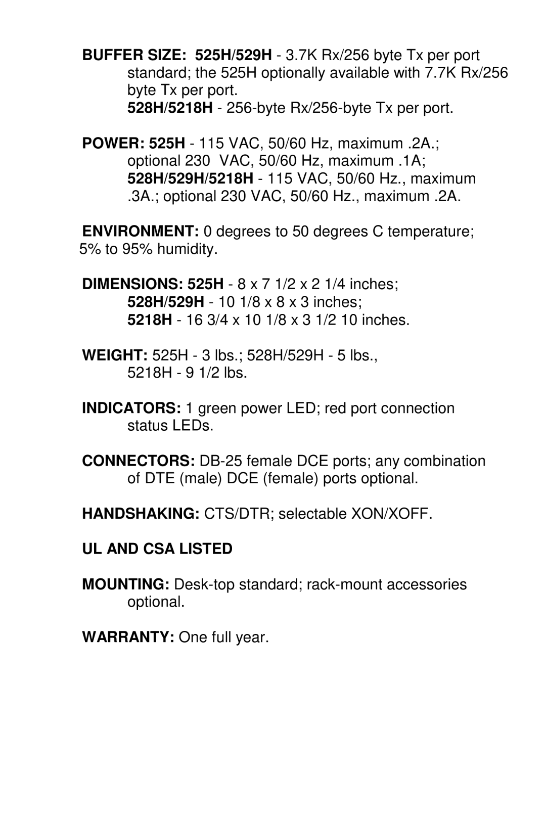 Bay Technical Associates 529H, 5218H, 528H, 525H owner manual UL and CSA Listed 