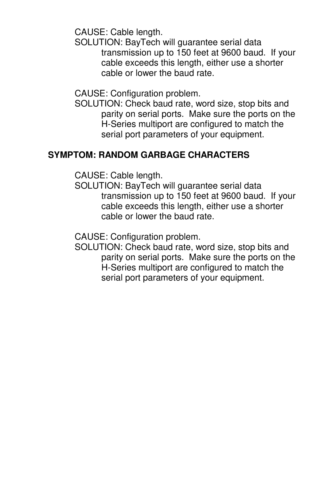 Bay Technical Associates 529H, 5218H, 528H, 525H owner manual Symptom Random Garbage Characters 