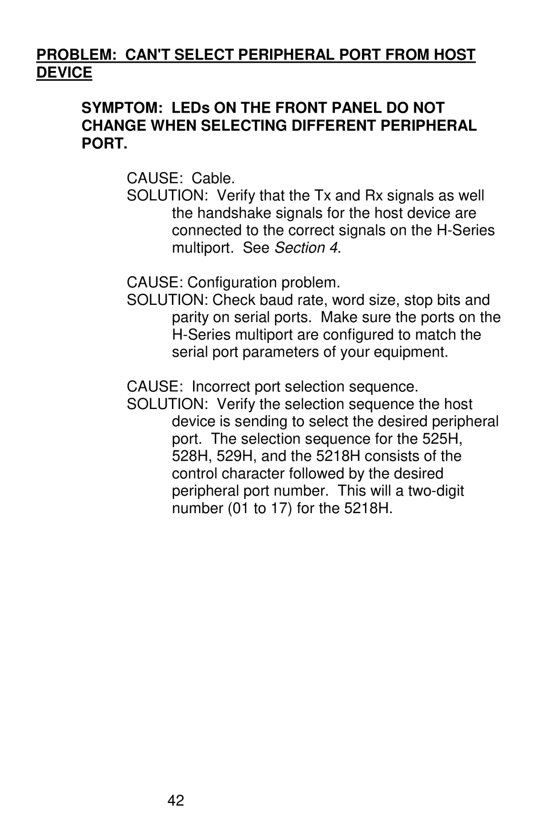 Bay Technical Associates 525H, 5218H, 528H, 529H owner manual Problem Cant Select Peripheral Port from Host Device 