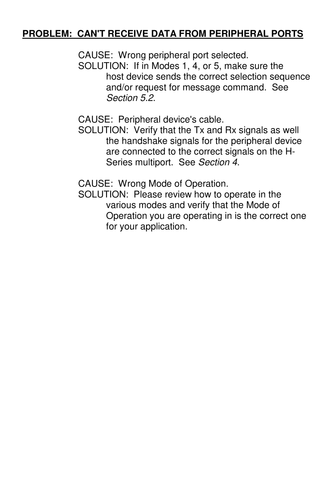 Bay Technical Associates 5218H, 528H, 529H, 525H owner manual Problem Cant Receive Data from Peripheral Ports 