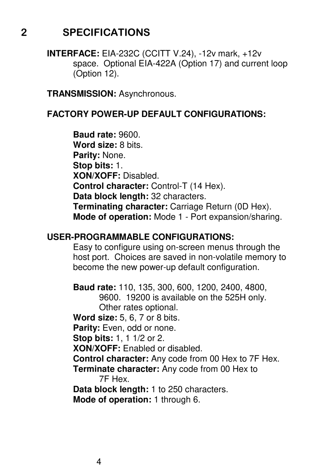 Bay Technical Associates 528H, 5218H, 529H, 525H Factory POWER-UP Default Configurations, USER-PROGRAMMABLE Configurations 