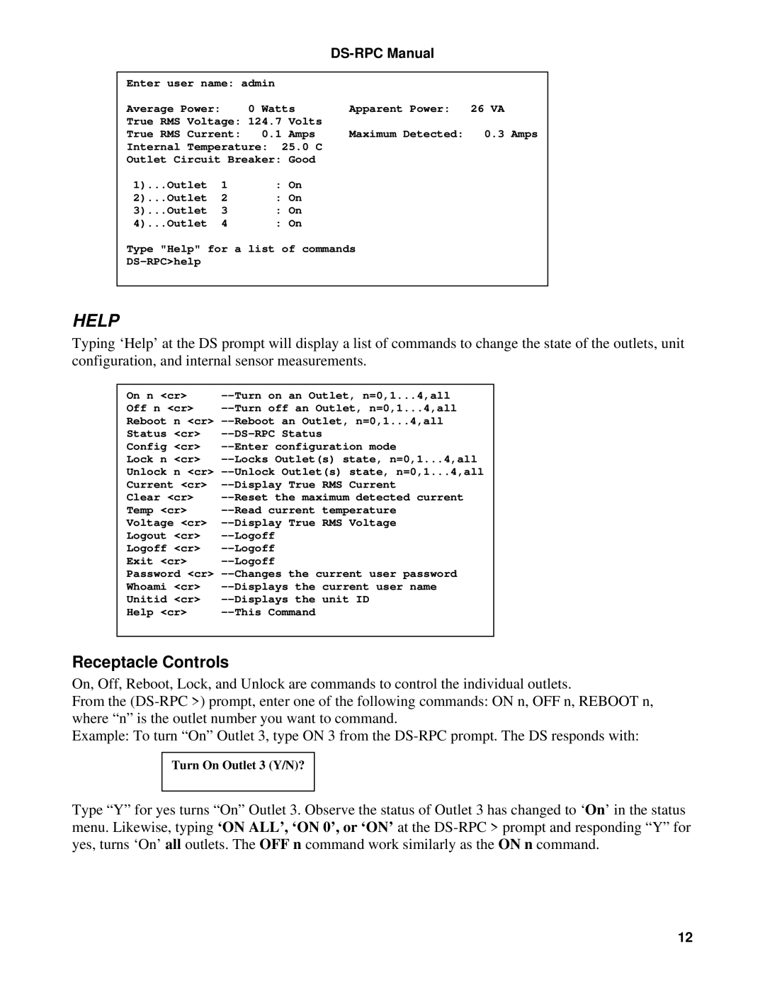 Bay Technical Associates DS4D-RPC, DS2-RPC manual Help, Receptacle Controls 